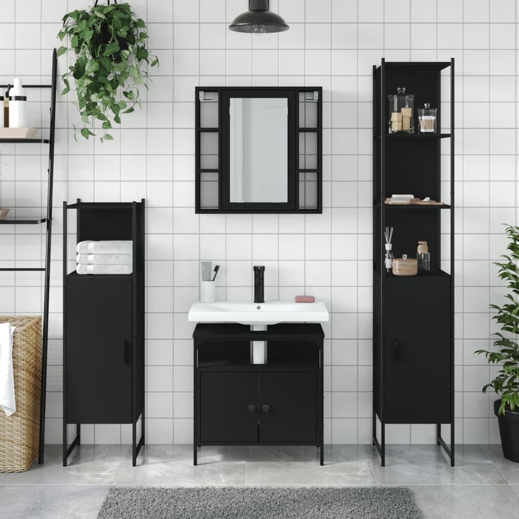 vidaXL Badmöbel Set 4-tlg., Badschrank Verstellbare Beine, Waschbeckenunterschrank Spiegelschrank Midischrank Hochschrank, Badezimmermöbel, Schwarz Holzwerkstoff Küche, Haushalt & Wohnen