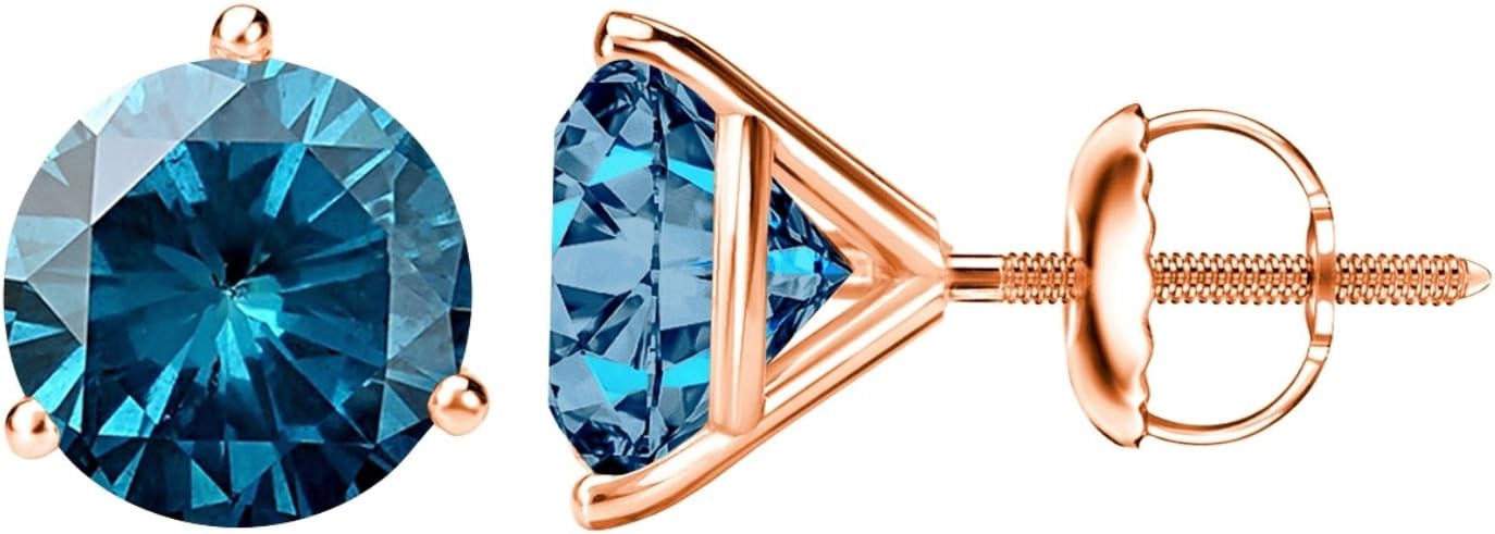 Houston Diamond District 0.5 to 4 Carat Total Weight Blue Round Diamond Stud Earrings for Women 3 Prong Screw Back