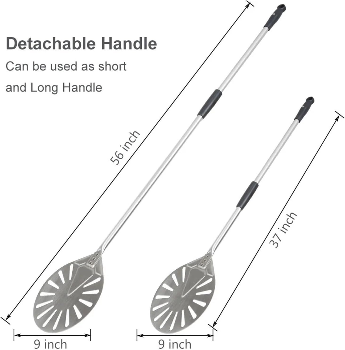 14/13/12 Inch & 9 Stainless Steel Pizza Peel Set Perforated Shovel Commercial Paddle 56" Long Handle(9 inch 14 inch Balck)