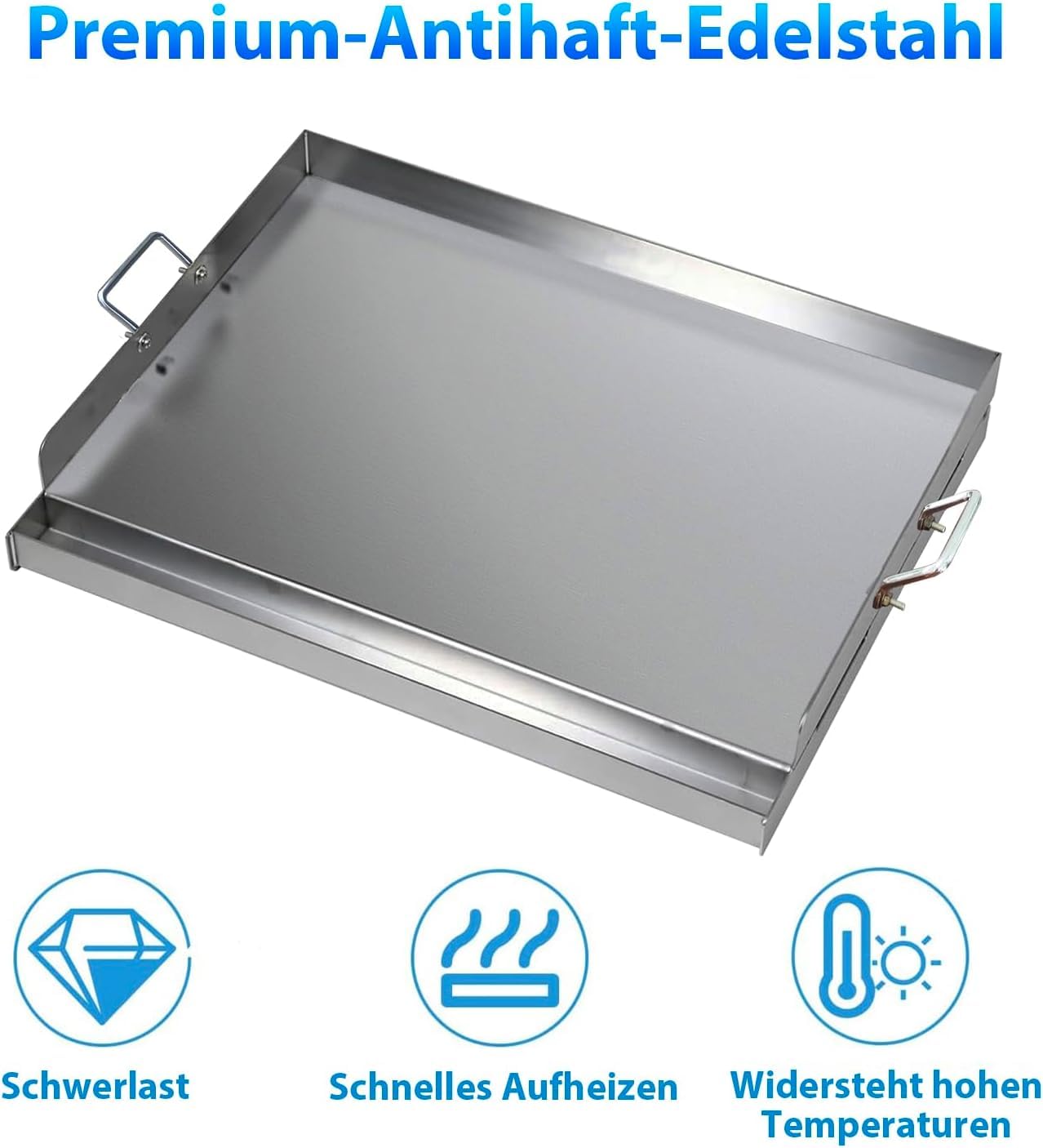 Edelstahl Grillplatte | 47x32x7 cm | Universal BBQ Plancha aus dickem 2mm & rostfreiem Edelstahl passend für Weber Gasgrill und Holzkohlegrill | Grillplatte mit Grill-Spachtel Schaber set