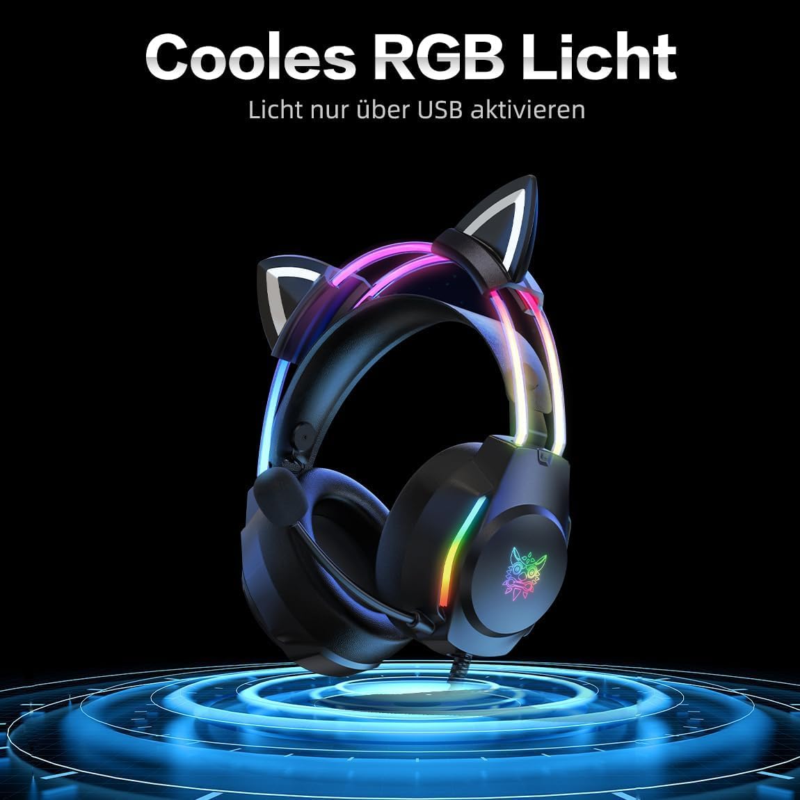 Gaming Headset mit Katzenohren & Mikrofon – RGB-Regenbogenbeleuchtung & 7.1 Virtual Surround Sound – 3,5-mm-kabelgebundene Over-Ear-Kopfhörer für PC/PS4/PS5/Xbox/Switch (Ergonomisches Design)