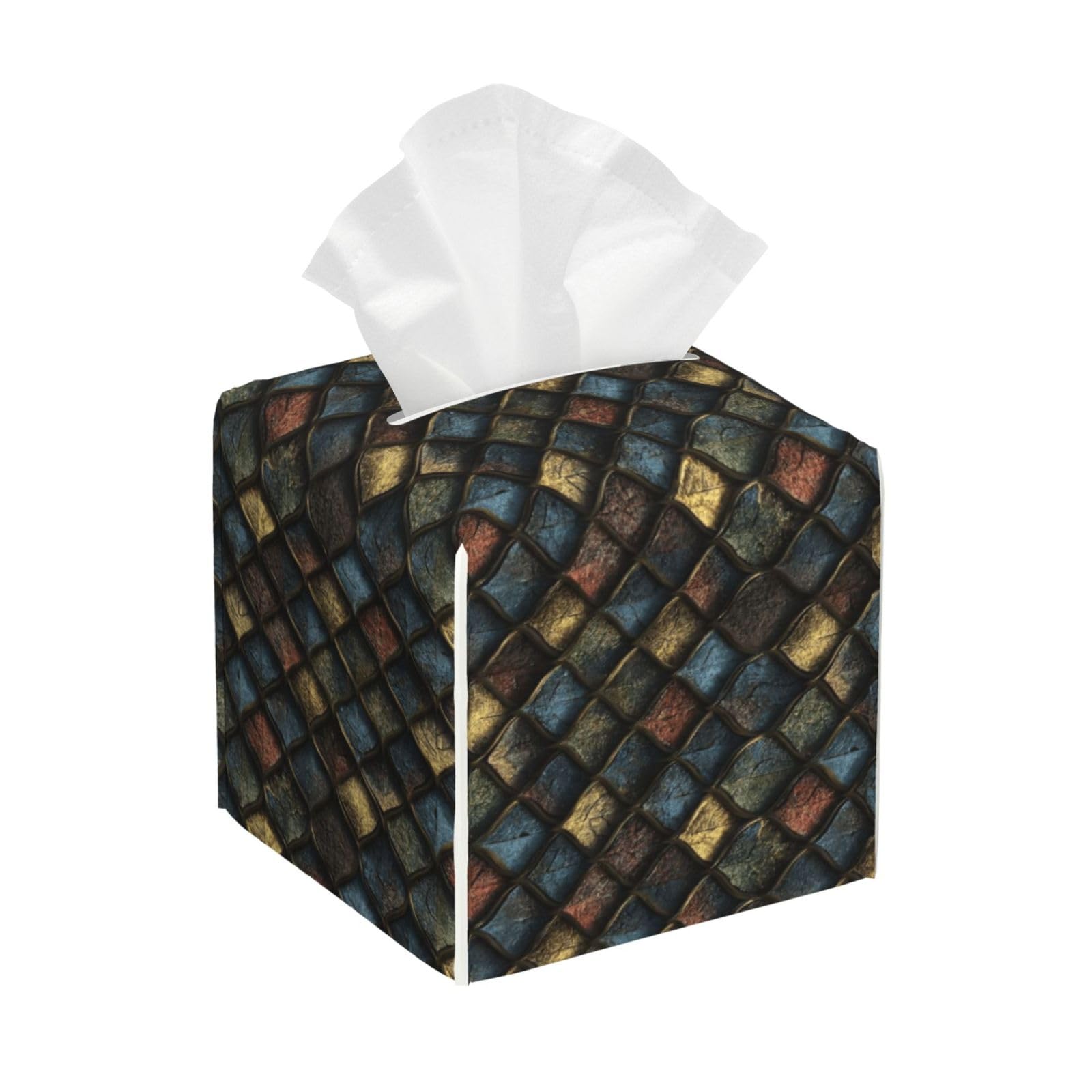 Vintage Dragon Scale Colorful Print Tissue Box Cover Holder Square, Foldable Modern Cube Tissue Box Cover, Leather Decorative Organizer for Tabletop Bathroom Car Office Desk Decor