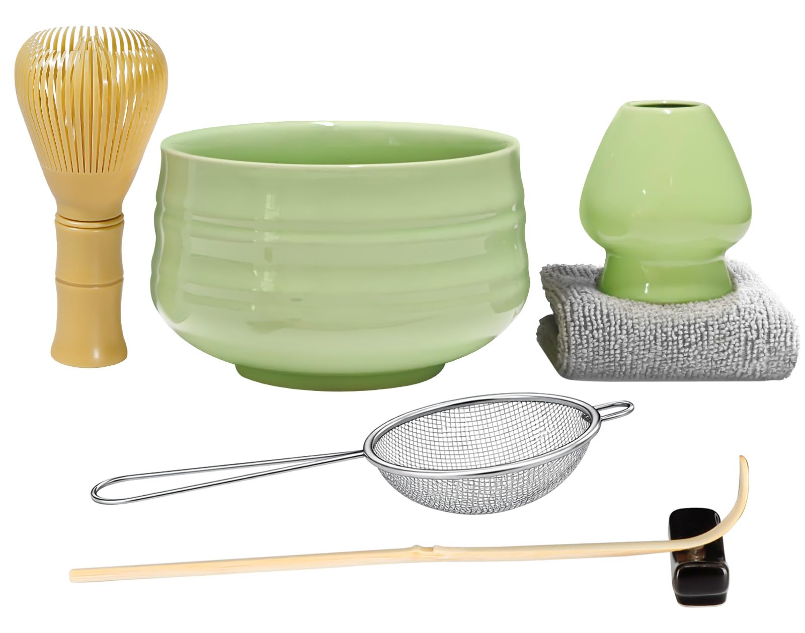 7pcs Matcha Set, Matcha Whisk Set - Matcha Whisk Plastic Yellow, Whisk Holder, Matcha Bowl, Scoop, Sifter, Absorbent Cloth - Japanese Tea Ceremony Set for Home Use or as a Gift, Pale Green