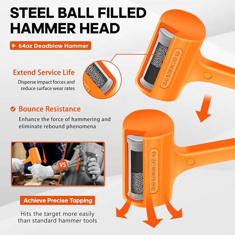 4LB Dead Blow Hammer, Heavy Duty Unibody Molded Non-Rebound Hammer with Steel Ball Shot & Checkered Grip for Automotive, Assembly & DIY