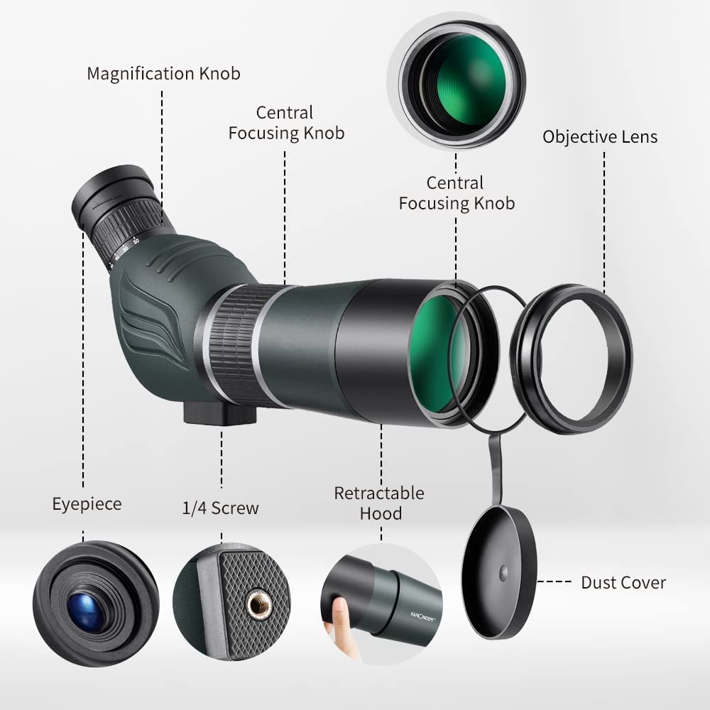 Telescopio Terrestre 20-60X60 con Trípode, Bolsa de Transporte, Adaptador for Teléfono Inteligente - BAK4 Monocular de Observación de Aves Impermeable en Ángulo de 45° for Tiro al Blanco, Caza, Paisaj