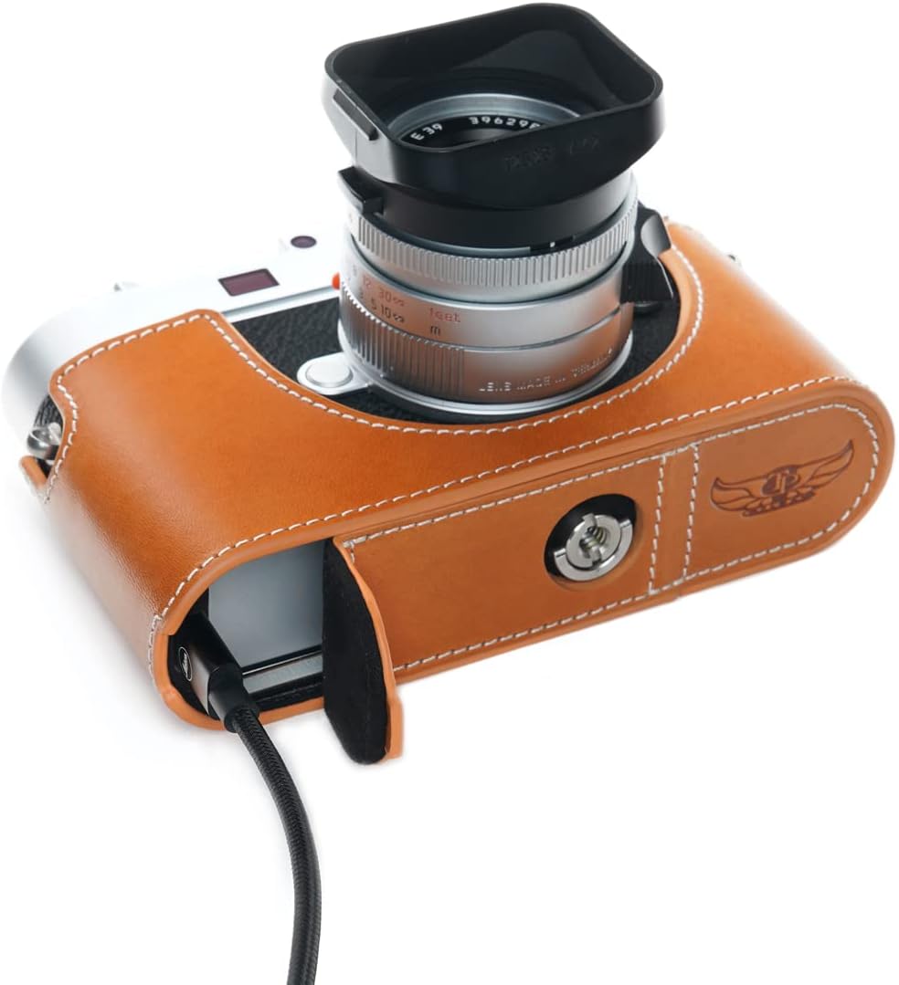 For Leica M11 Camera Case, Handmade Genuine Real Leather Half Camera Case Bag Cover for Leica M11 Camera Bottom Opening Version + Hand Strap (Yellow)