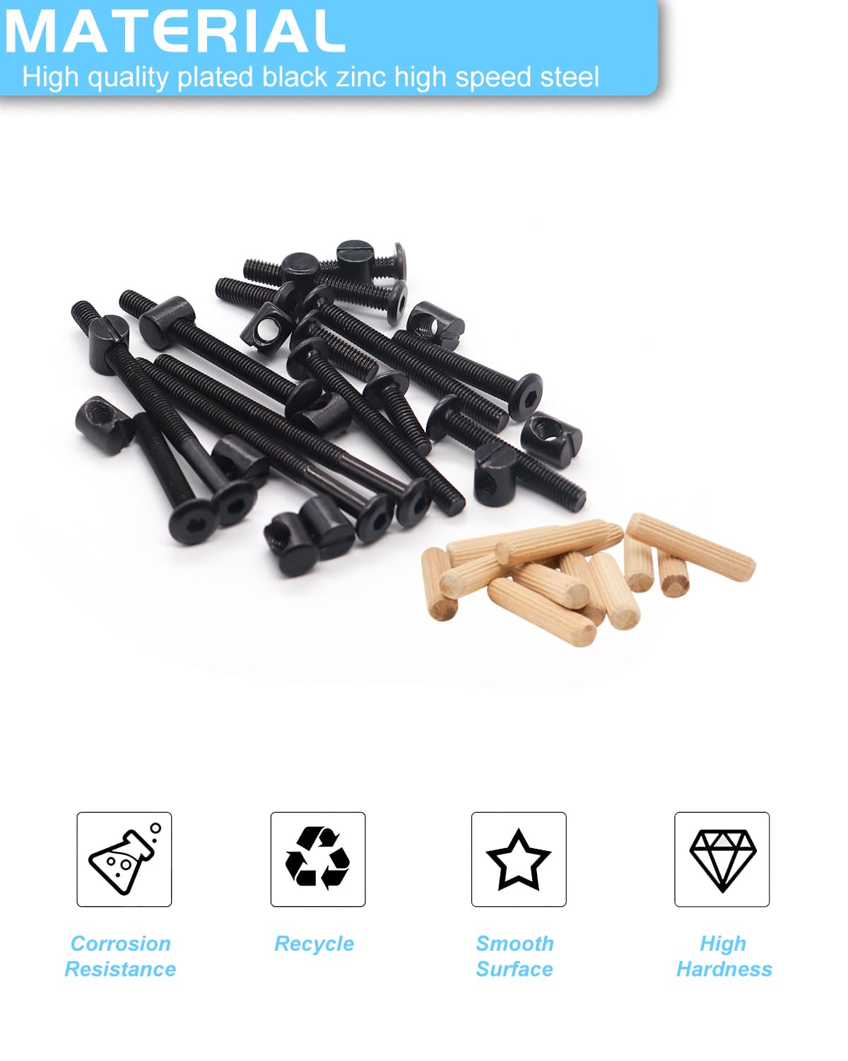 Crib Screws Hardware Replacement Kit - 16 Set Baby Bed Frame Bolts,Barrel Nuts&Wooden Dowel Pins Set - M6x16/40/60/80 mm Hex Drive Socket Cap Screws Nuts for Beds Headboards Chairs Furniture