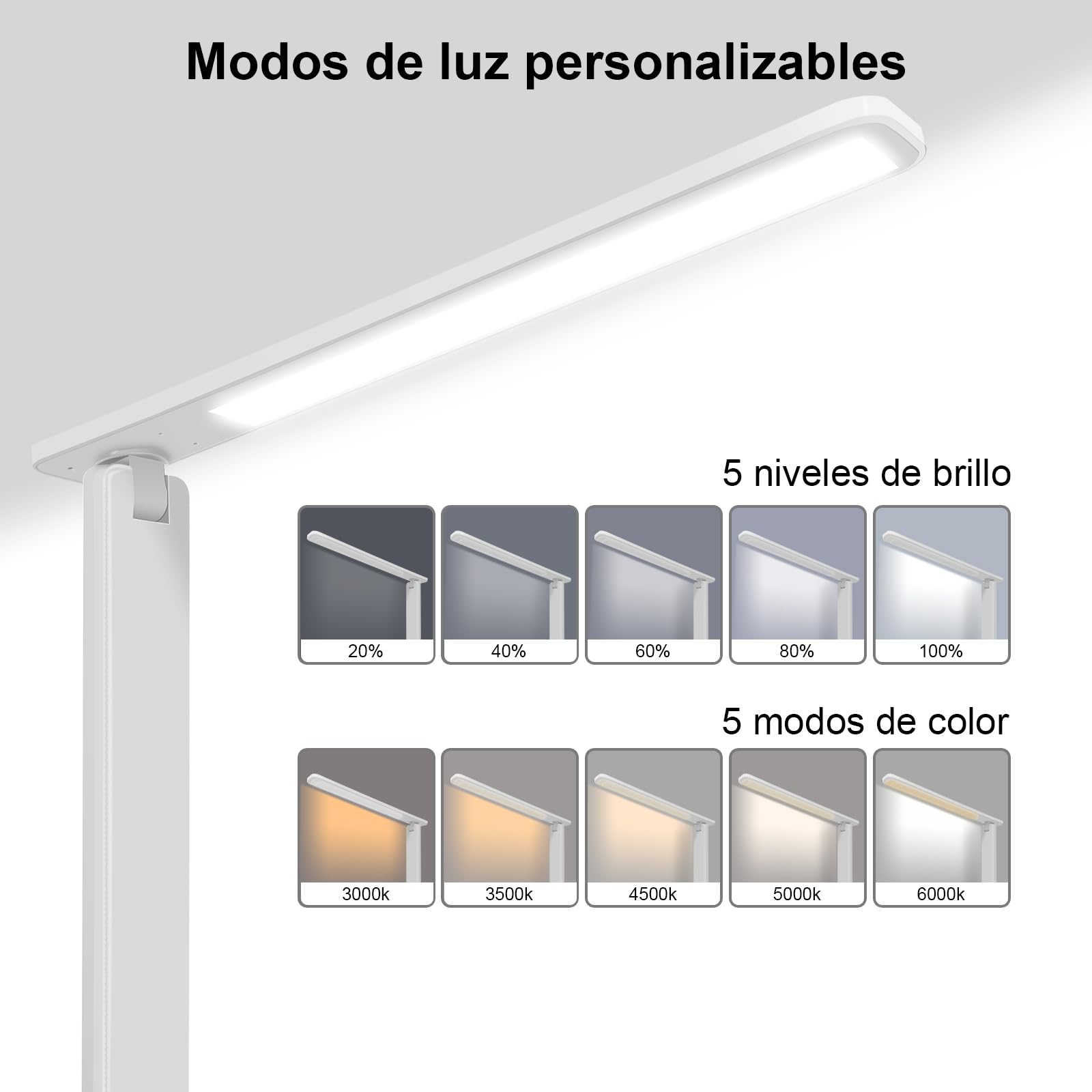 lámpara Led Escritorio, Flexo de Escritorio con luz nocturna, lampara de escritorio con control táctil, Puerto de carga USB, 5 niveles de luminosidad 5 modos (blanco)