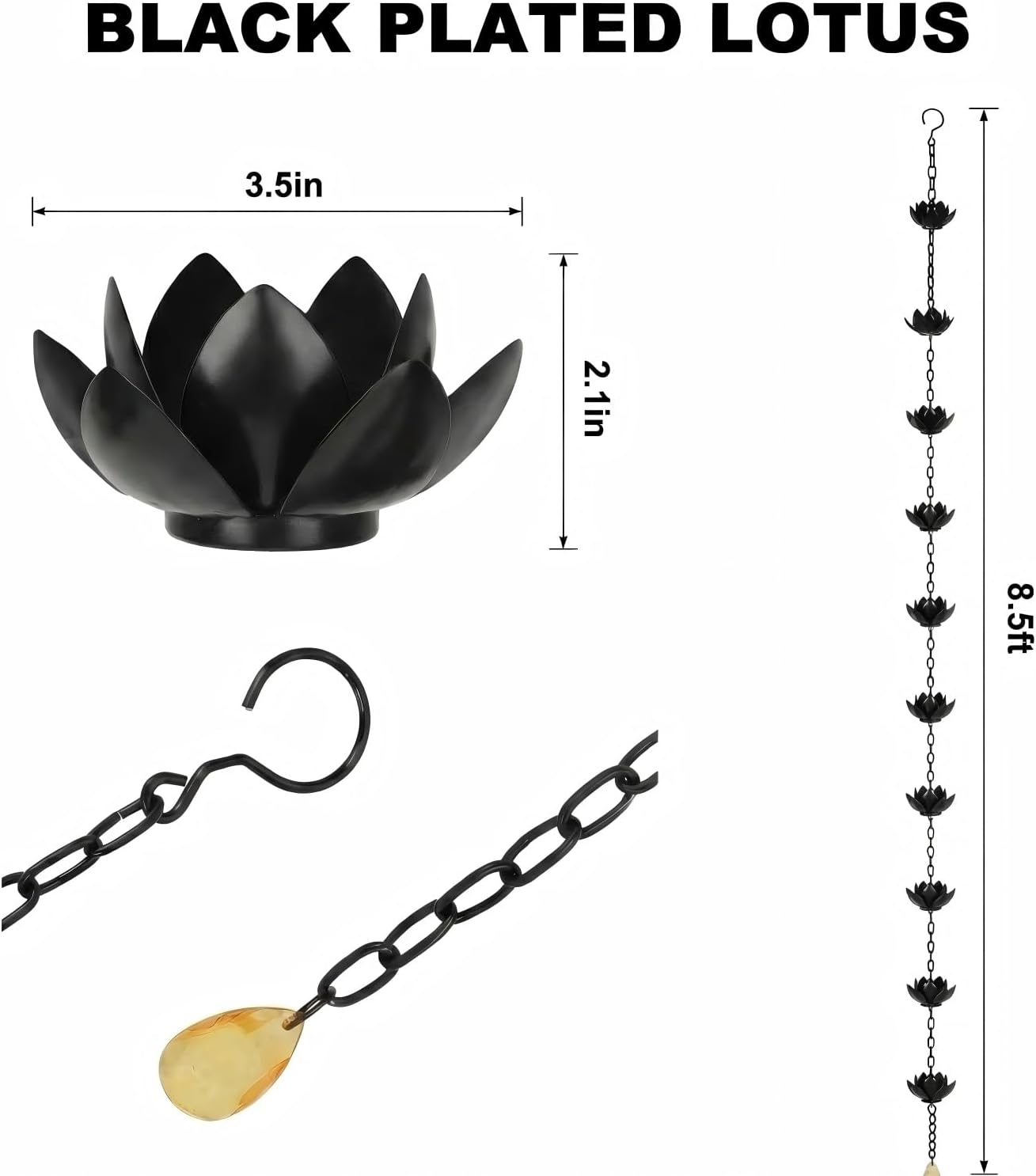 Rain Chain - Handcrafted Decorative Downspout Alternative for Gutters, Elegant Lotus shape Design, Adjustable & Easy Install, Outdoor Garden & Patio Water Feature (Rain Chains Gutter Adapter )