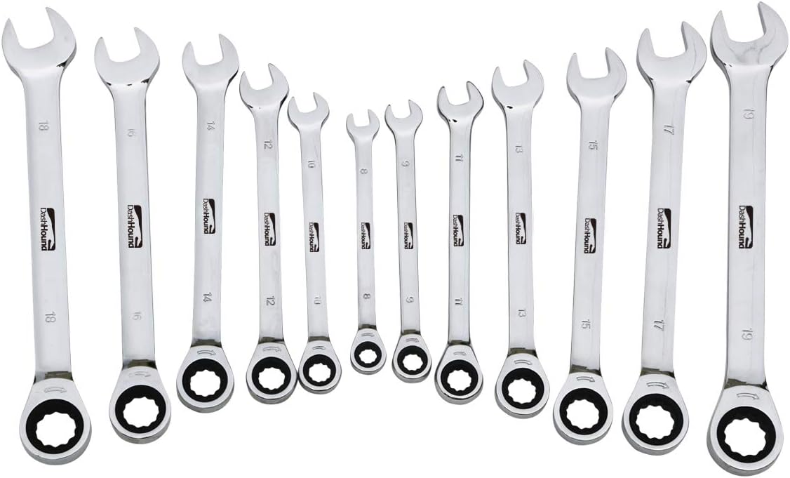 12pcs Ratchet Wrench Set 5 Deg Movement Spanner Kit Combination Wrenchs Chrome Vanadium Steel, Metric Sizes 8-19mm with storing case