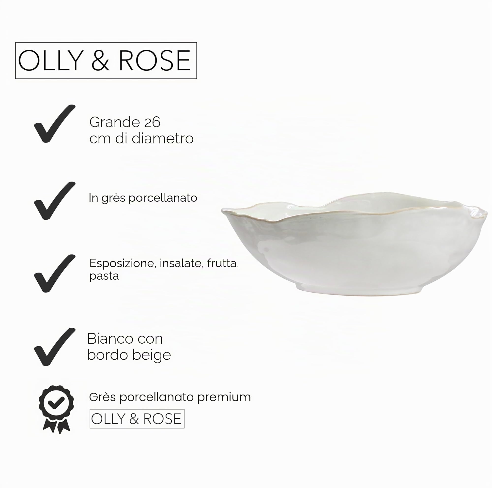 Olly & Rose Grande ciotola in gres, bianco lucido con bordo beige, diametro 26,5 cm, in ceramica per insalata, frutta, pasta e esposizione