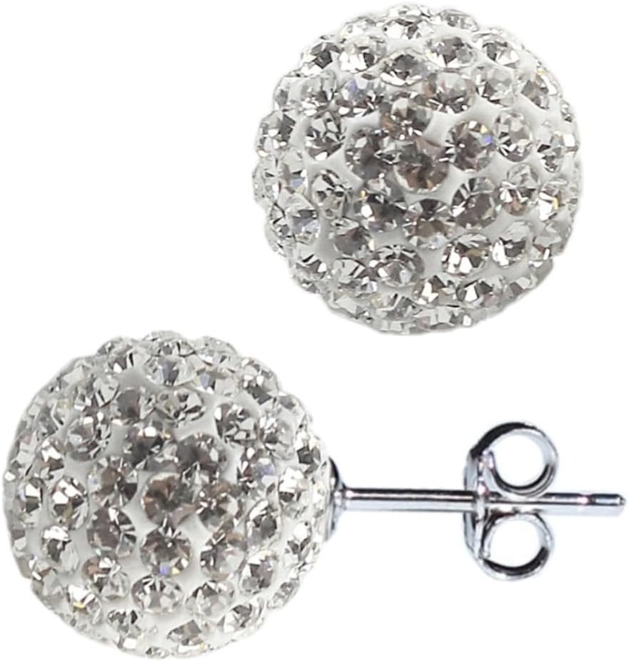 925 Sterling Silver White Sparkle Crystal Disco Ball Stud Earrings for Women