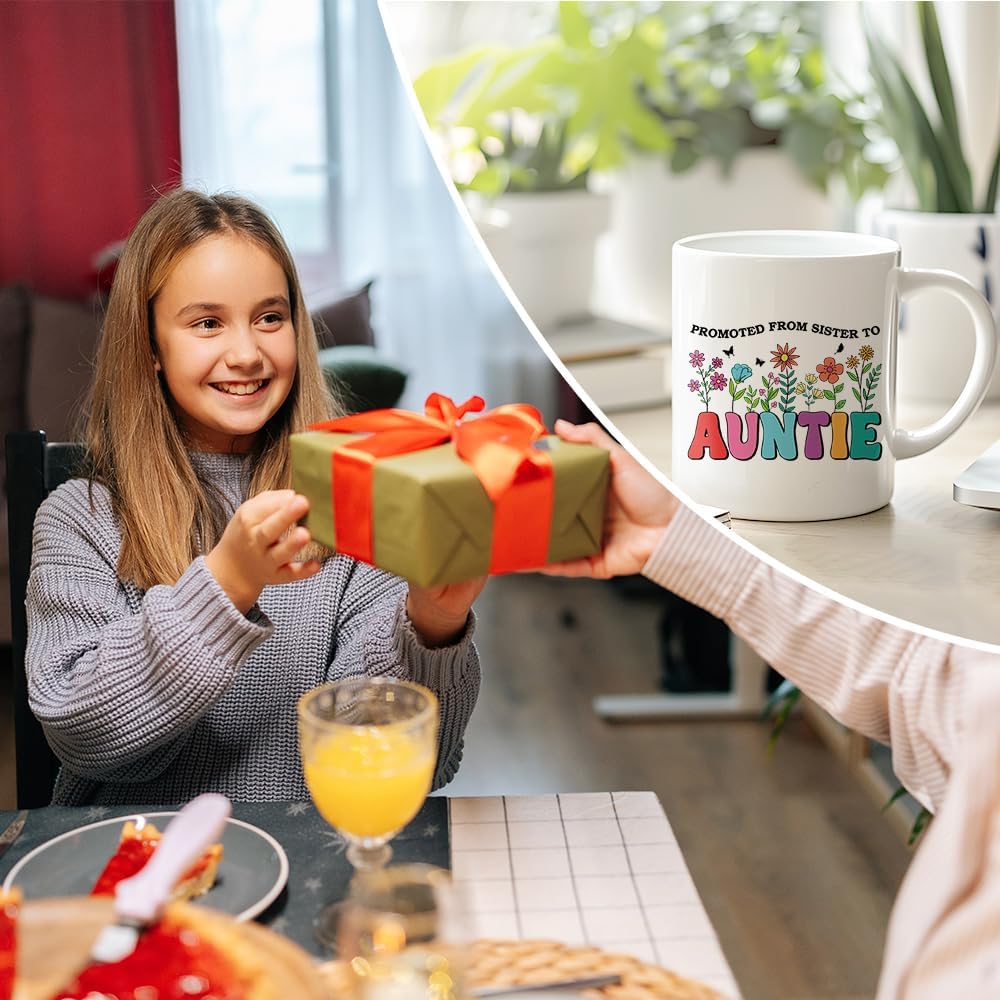 RZHV Auntie Promote From Sister 11 Oz Novelty Mug, Funny Floral Coffee Mug for Best Friend, Best Aunt Gifts, Promoted To Auntie Baby Pregnancy Announcement Idea, Sister Gifts - Image 6