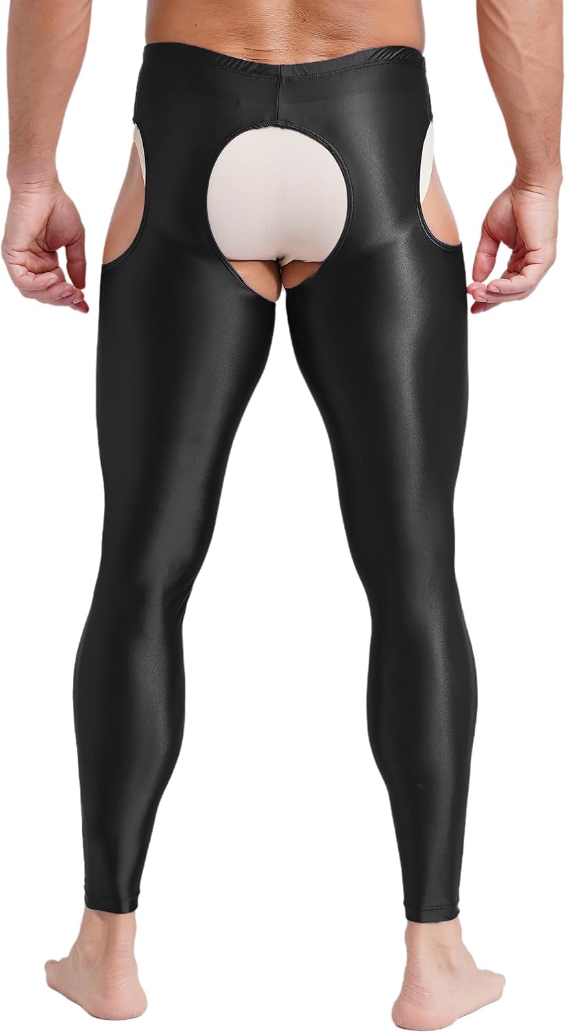 Hularka Men's Oily Shiny Hollow Out Leggings High Waist Compression Pants Workout Underwear