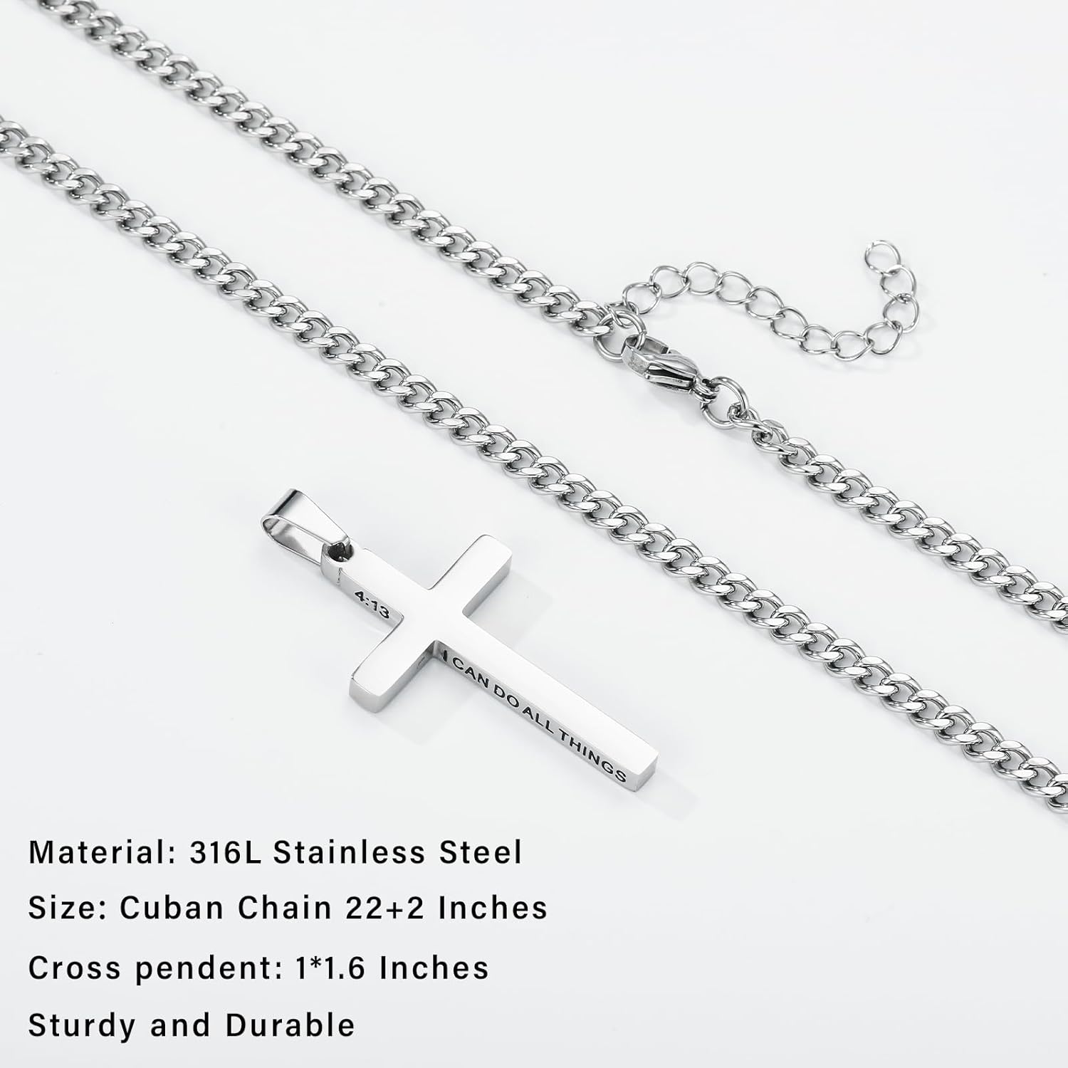 Cross Necklace for Men Boys Stainless Steel Bible Verse Cross Pendant with Cuban Link Chain (22+2 Inches) | Easter Christian Religious Jewelry Gifts - Image 5