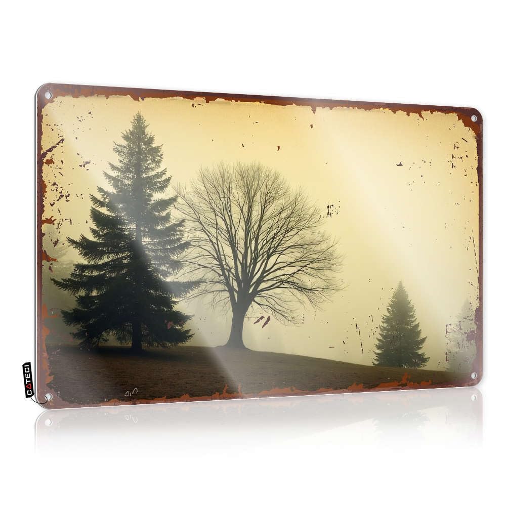 A Misty Landscape With Trees In Silhouette. Handmade Tinsign - Wall Signs Holder Hanging Wall Decor(30X40CM)