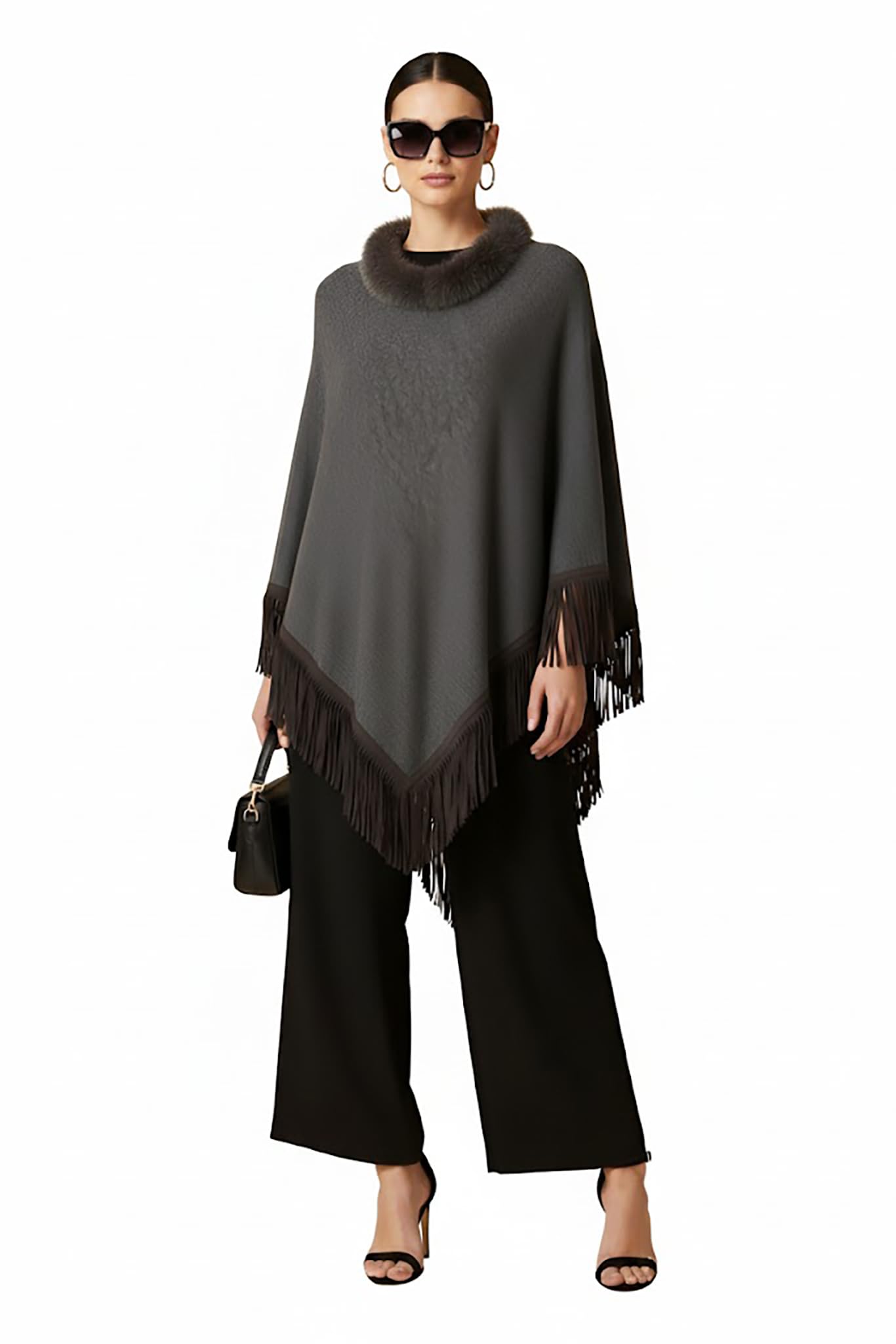Elegant Woolen Poncho with Faux Fur Neck & Fringe Detailing Free Size Women Poncho Capes - Multicolor-image-13