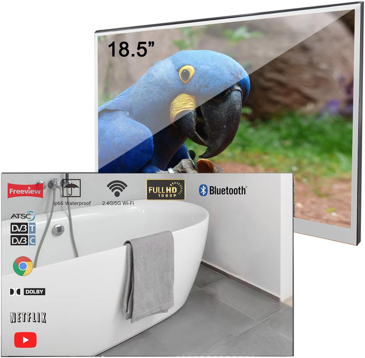 elecsung 18.5 inch Smart Mirror TV for Bathroom,Waterproof TV ATSC Tunner Android 11.0 for Hotel/Kitchen,Built-in Speakers,Wi-fi & Bluetooth,M185-0BLS110,Model 2025