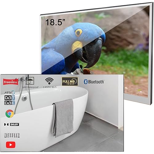 elecsung 18.5 inch Smart Mirror TV for Bathroom,Waterproof TV ATSC Tunner Android 11.0 for Hotel/Kitchen,Built-in Speakers,Wi-fi & Bluetooth,M185-0BLS110,Model 2025
