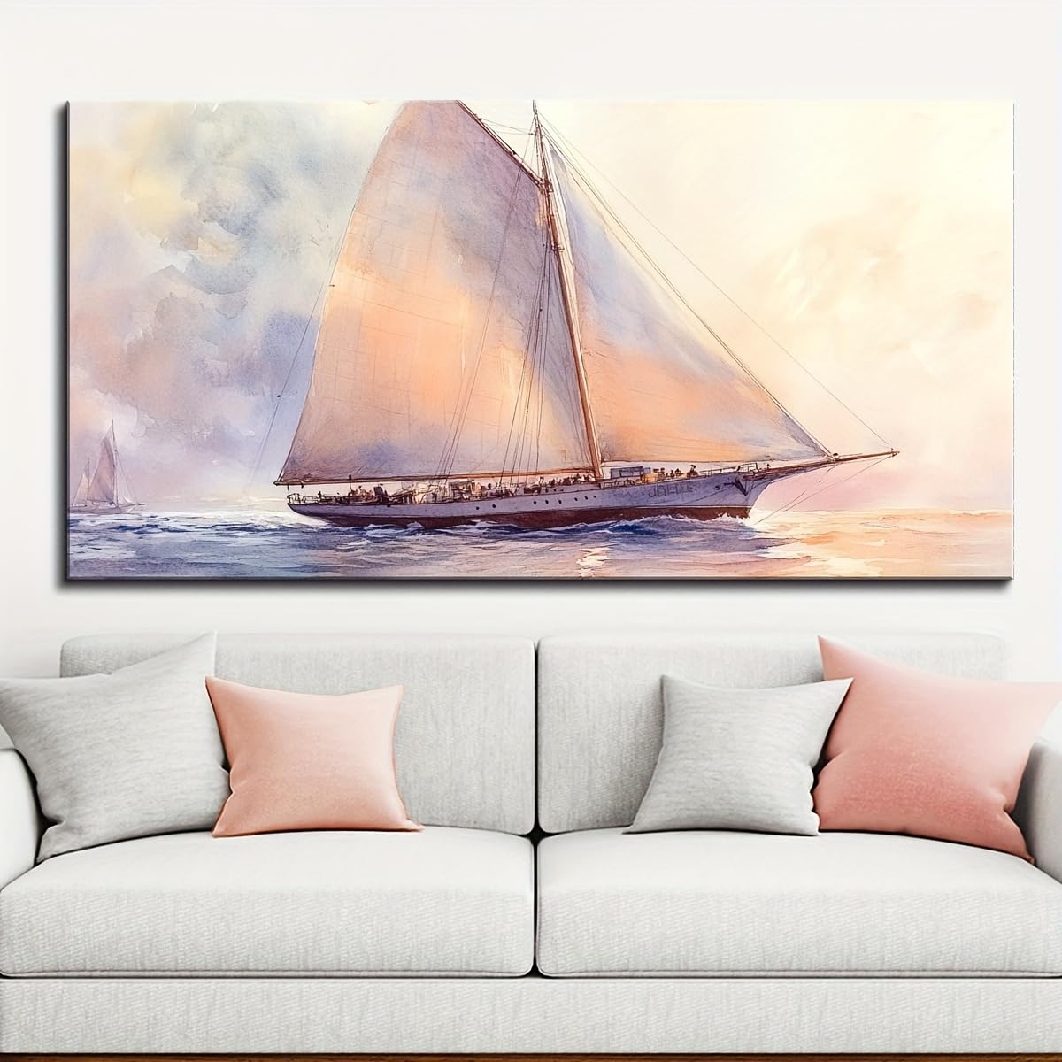 Ihhgnb Multicolor Large Canvas Mural For Living Room, White Sailboat Watercolor Vintage Canvas Painting Coastal Wall Art Prints(20X40cm(8X16in)/No Frame)