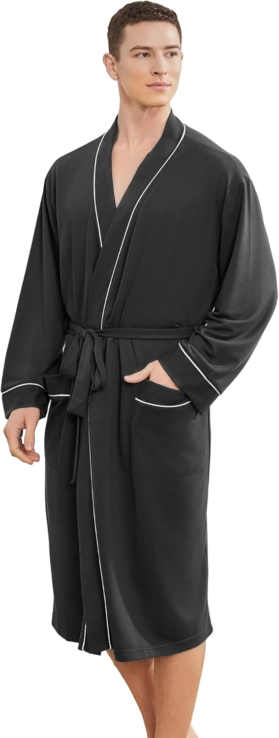 Mens Lightweight Robe, Knit Kimono Bathrobe Spa Sleepwear Soft Knee Length Robe With Pockets - Image 2