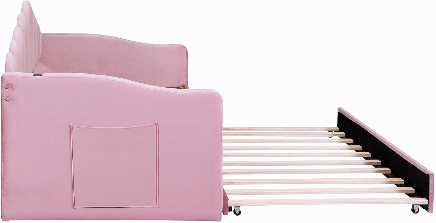 P PURLOVE Twin Size Upholstered Daybed with Trundle,Velvet Sofa Bed with USB Charging Ports,Twin Size Daybed Frame with Slat for Living Room Bedroom