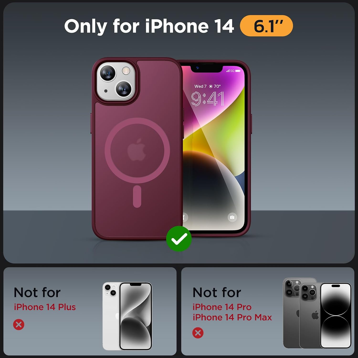 Miracase Magnetic for iPhone 14 Case 6.1 inch (Compatible with MagSafe)（with 2X Screen Protectors） Military-Grade Protection, Anti-Fingerprint Translucent Matte Phone Case Cover, Wine Red
