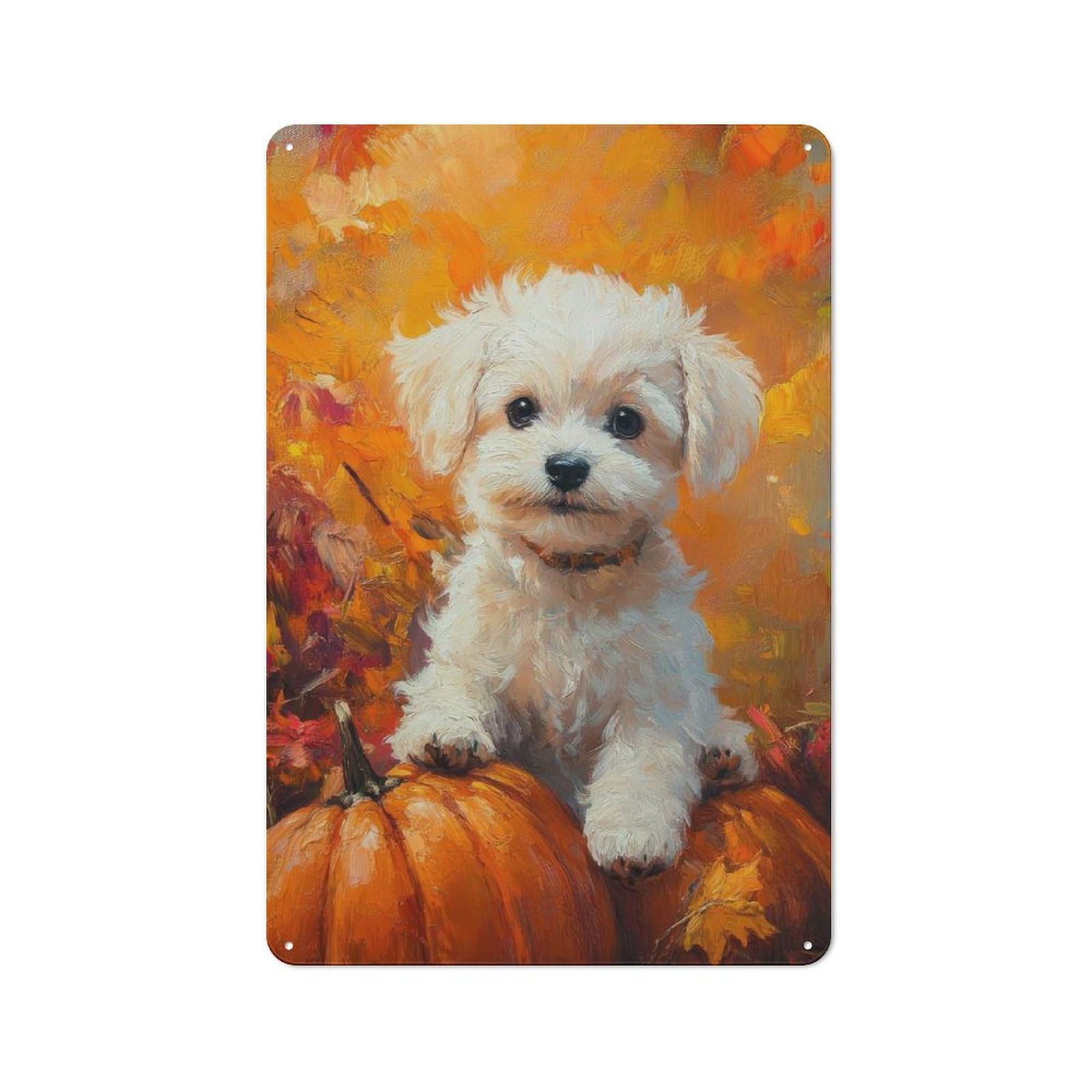 Junmoney Style-1 Retro Metal Wall Sign 30X20cm Featuring Maltese Puppy With Pumpkins In Autumn Painting Autumn Dog Art For Garage Wall, For Garage, Workshop And Man Cave Decoration