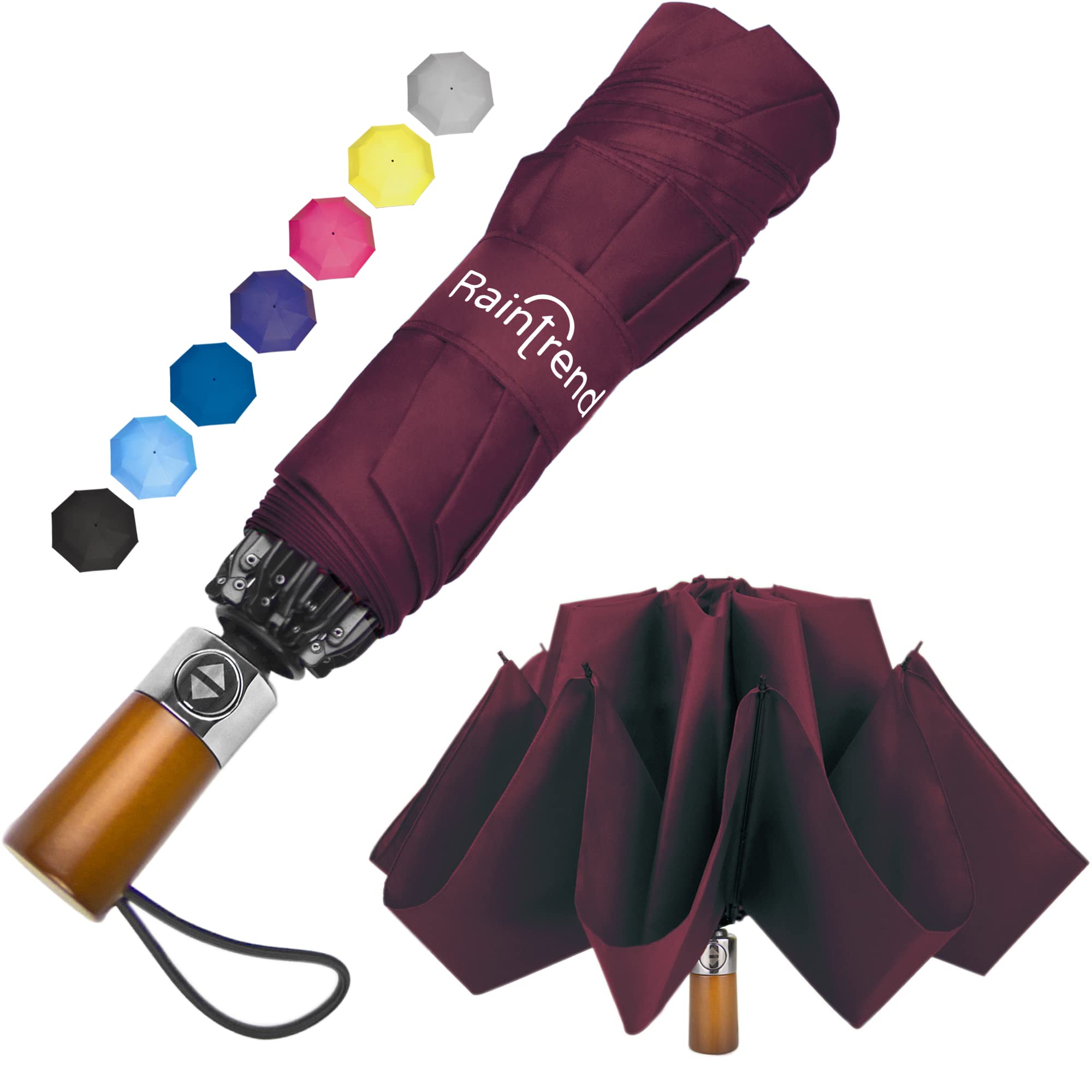 RaintrendNEW Reverse Compact Travel Umbrella for Backpack and Car with Teflon Coating Inverted Umbrella Automatic Open and Close Lightweight Windproof Folding Portable Rain Umbrellas for Women Men