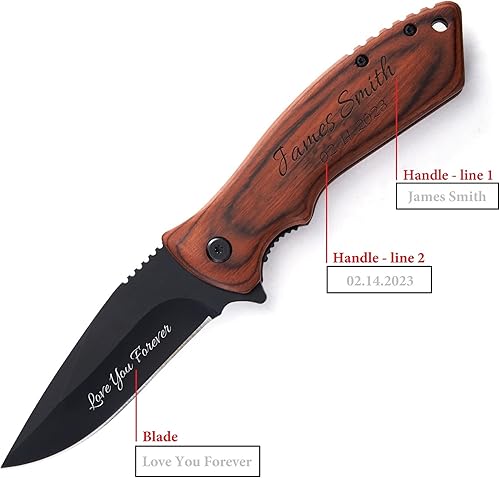 Miniatura 7 de Cuchillo plegable de bolsillo personalizado grabado con caja de madera para novio, marido, papá, hijo, cuchillo de caza de pesca único para hombres,