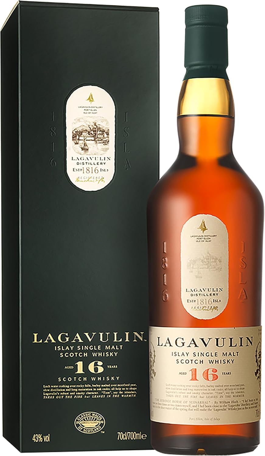 Lagavulin 16 Year Old Islay Single Malt Scotch Whisky | 43% vol | | Smoky & Intense | Peat-Rich | Sweet & Salty Single Malt | Aged in Oak Casks | Perfect for Whisky Lovers | with (70cl)