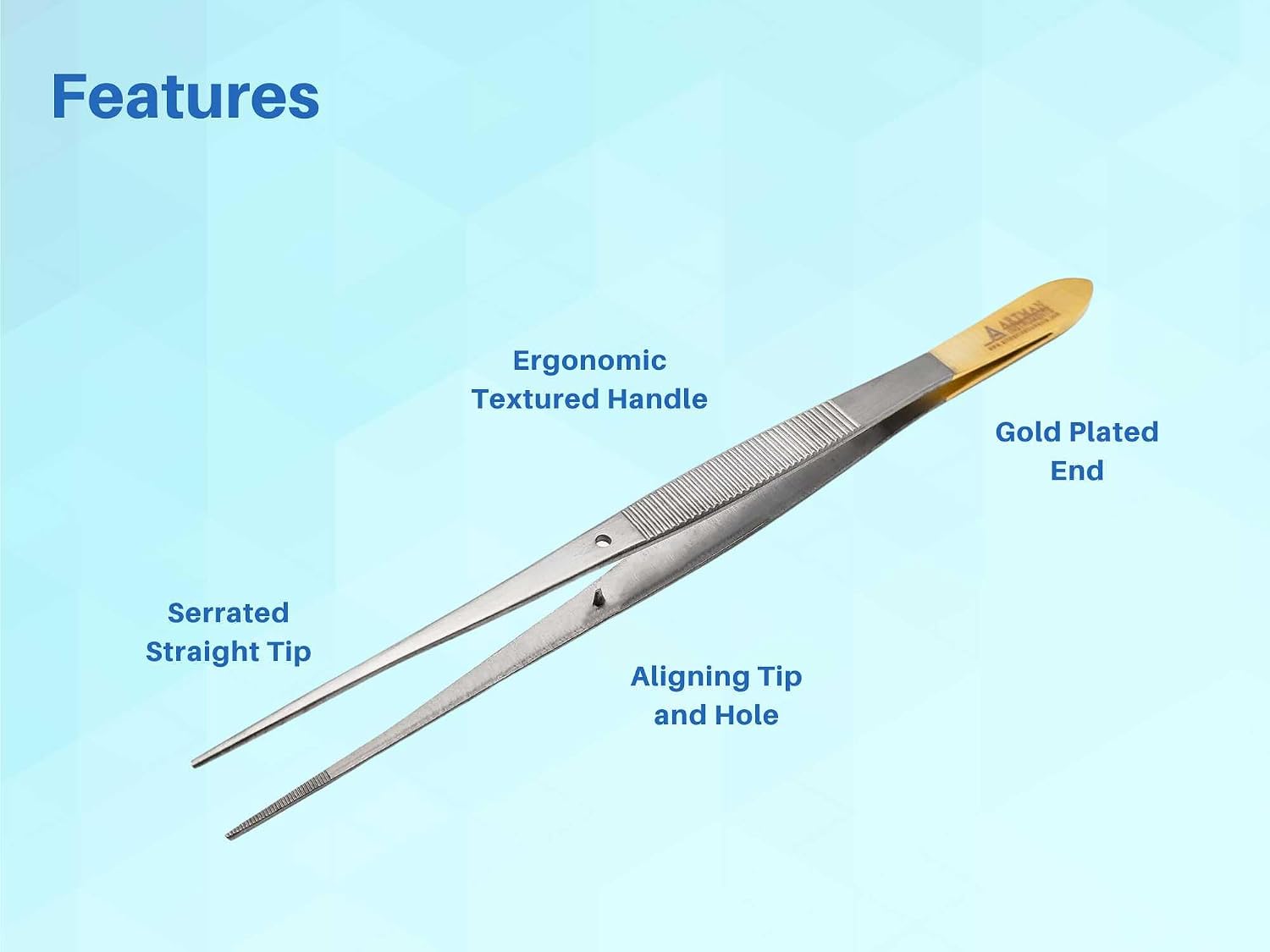 ARTMAN INSTRUMENTS Straight Tweezers for Lab Surgical High Precision Stainless Steel 6” Thumb Dressing Serrated Forceps with Gold Plated Handle Mutipurpose Tweezer