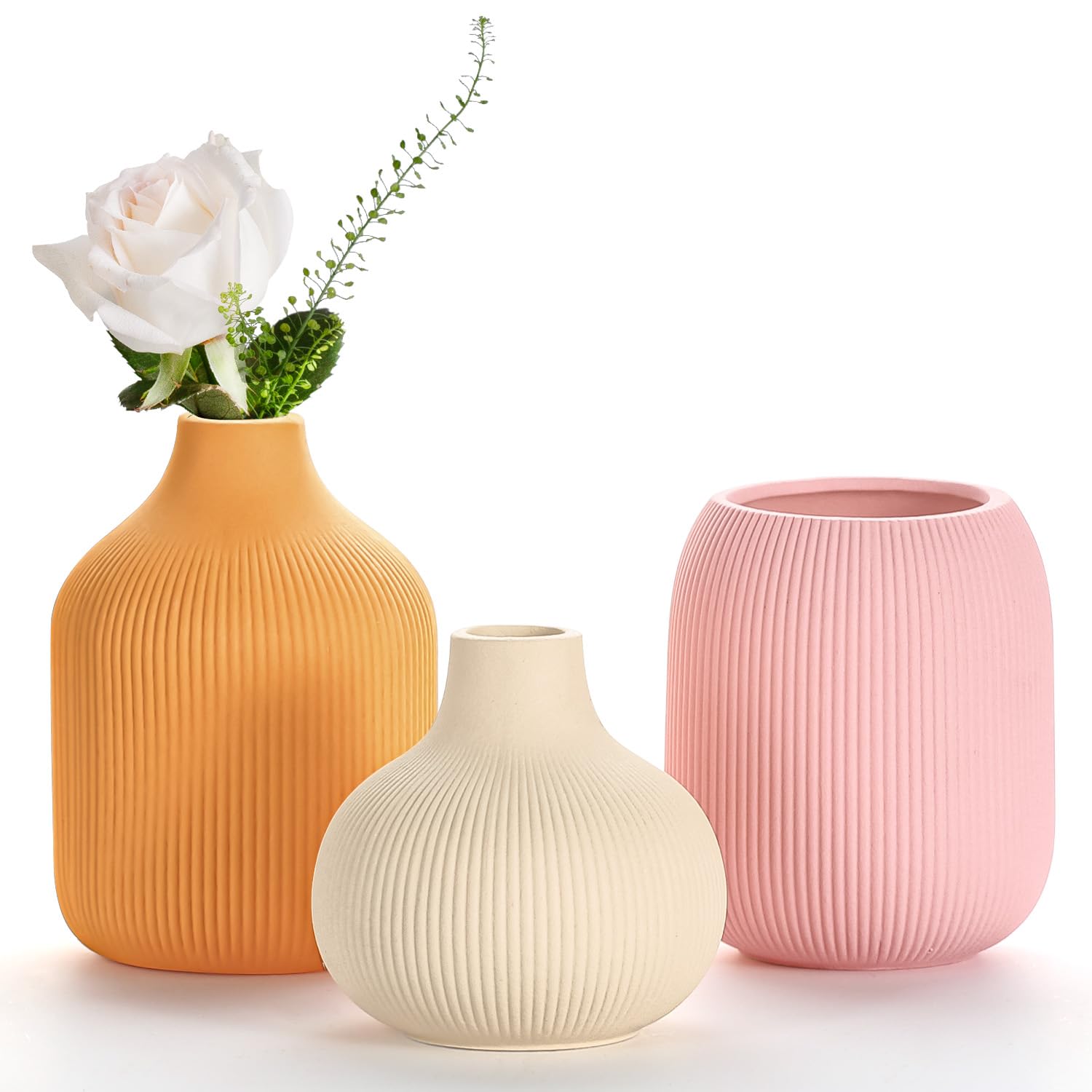 Dnnnii Juego de jarrones de cerámica pequeños de 3 Piezas, Coloridos, Minimalistas, con diseño de Ranuras, decoración de transición compacta para salón, Dormitorio, Oficina (Juego de cerámica de 3