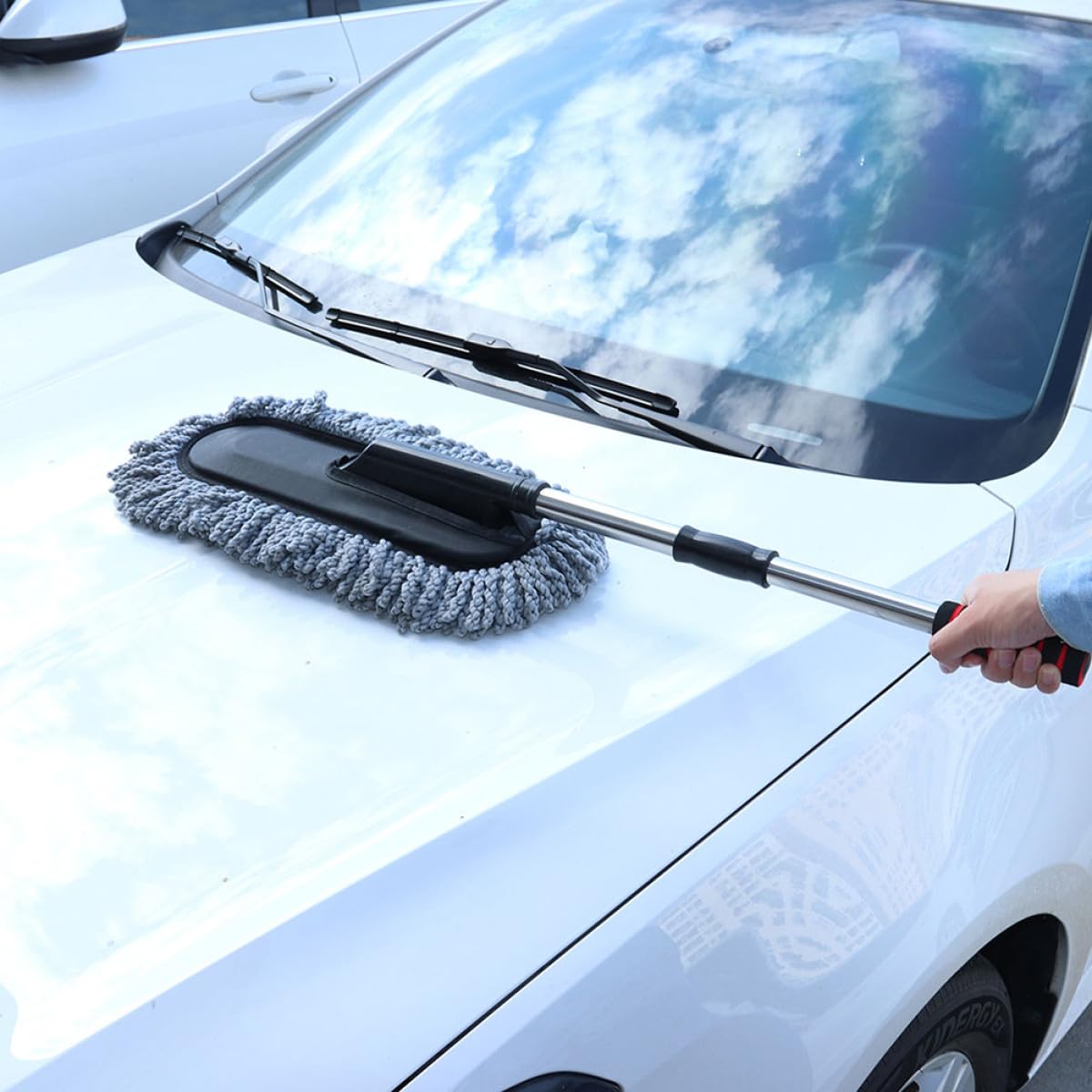 Cepillo para Limpiar Polvo de Coche 2 Piezas con Mango Telescópico de Acero Inoxidable Gris, Limpiador de Autos Versátil para Interior y Cuidado Automotriz Doméstico