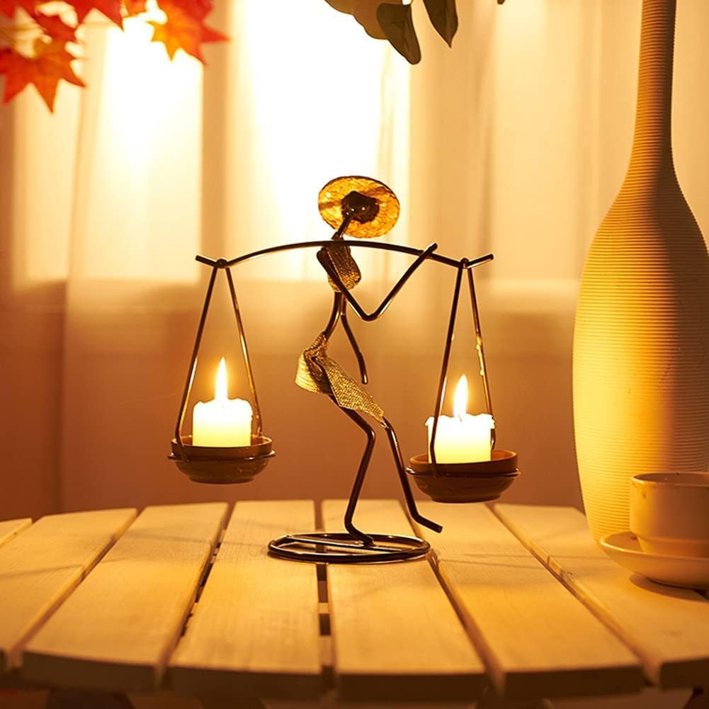 Nordic Metal Candle Holder Abstract Character Burdened Girl Sculpture Retro Creative Candlestick Figurines Vintage Candle Holder for Home Table Wedding Bar Decoration