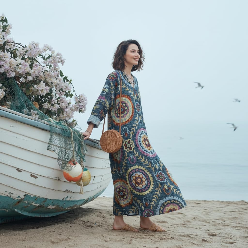 Akivide Women's V Neck Boho Floral Linen Maxi Dress Casual Plus Size Long Sleeve Beach Vacation Tunic Dresses with Pockets - Image 2