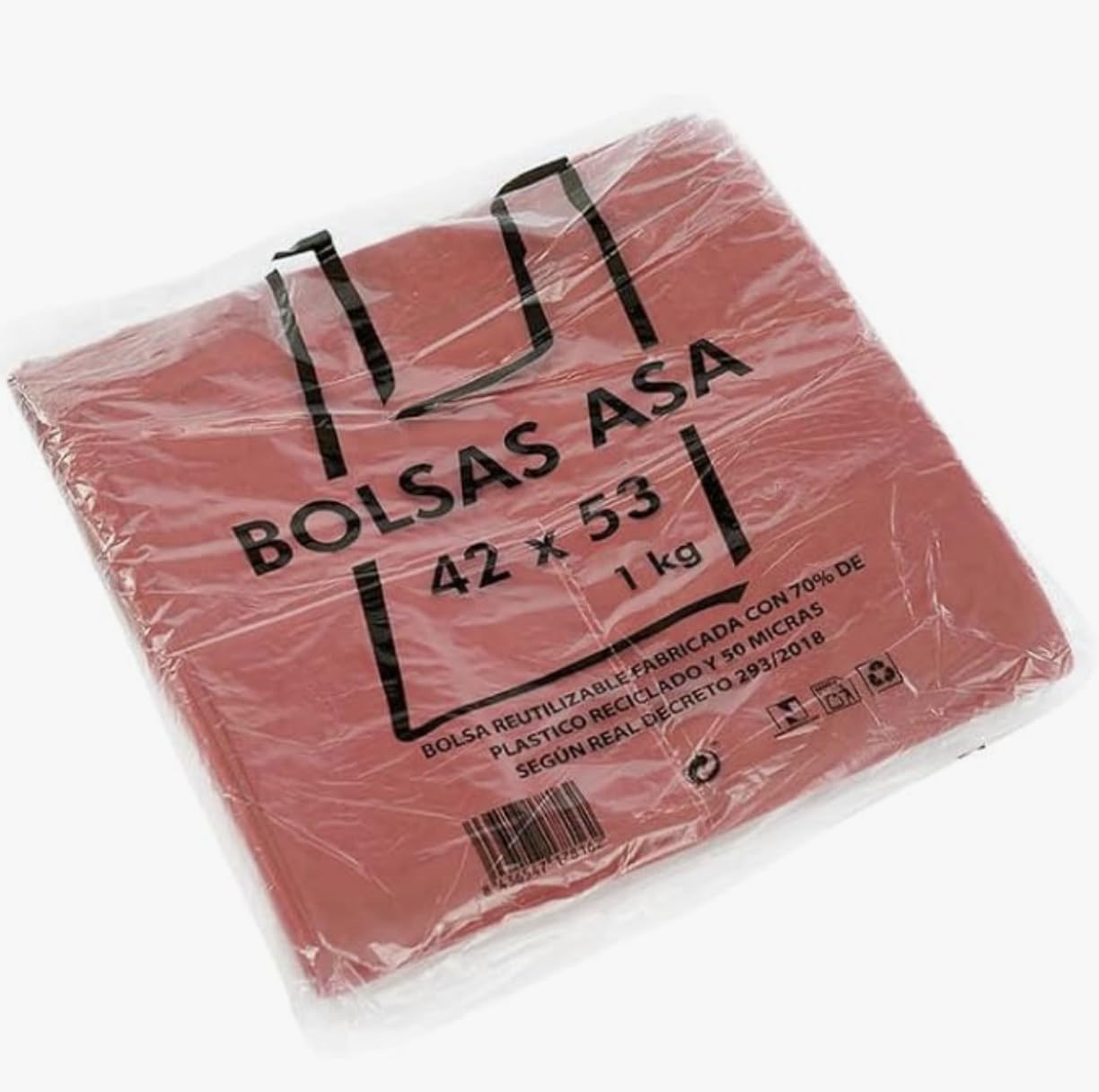 NOCEL Plastikowe torby z uchwytami. Torba T-shirt 70% z recyklingu 50 mikronów BORDE. Torba z uchwytami. Opakowanie 1 kg. (42x53 cm)