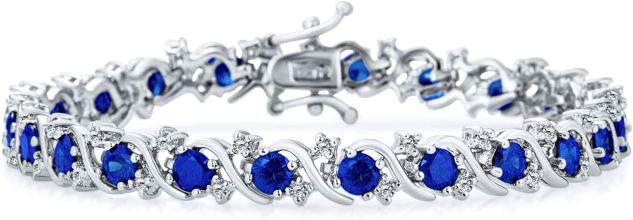 Bling Jewelry Fancy Prong Set Solitaire Round Cubic Zirconia AAA CZ Wave Tennis Bracelet For Women Prom Bride Silver Plated Simulated Birthstone Colors 7 Inch