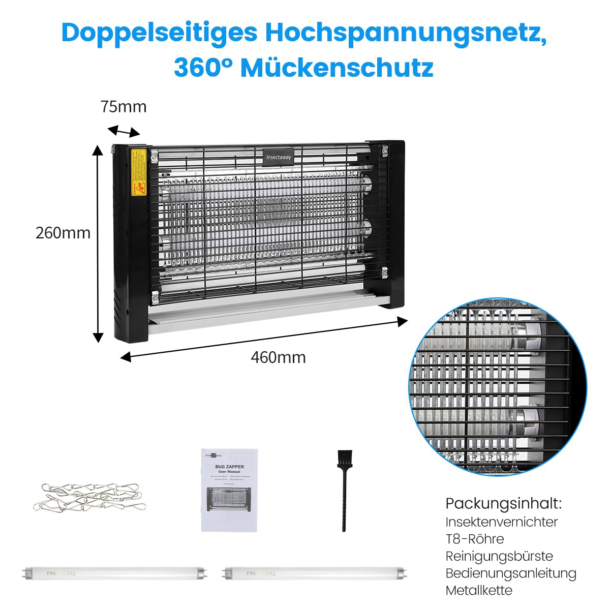 Insektenvernichter Elektrisch, mit Doppeltem Raster, XXL, 2400 V 20W, 2 T8-Lampen, Innenbereich Mückenfalle, Fliegenfalle, Mückenlampe, Hakendesign, geeignet für Haus, Terrasse
