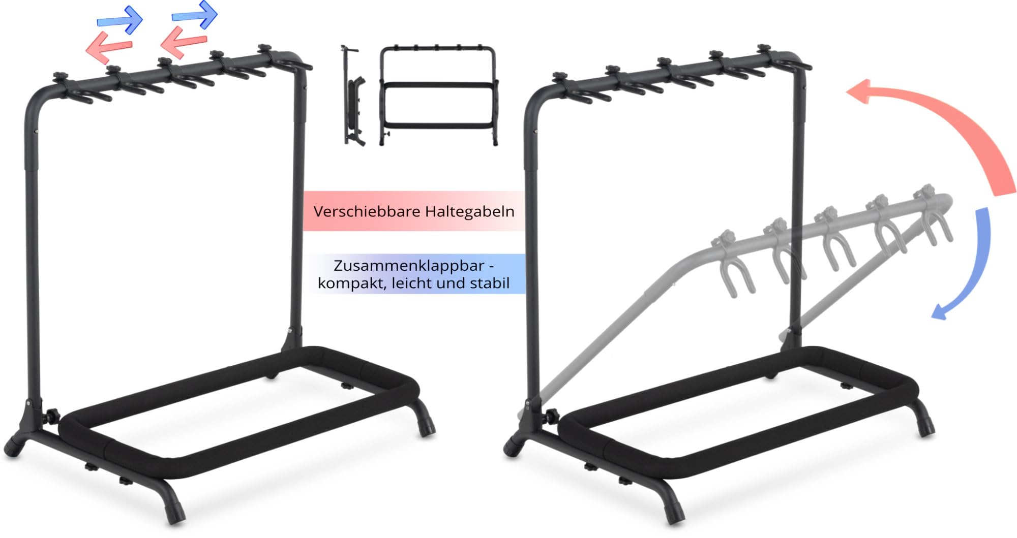 Classic Cantabile Soporte 5 guitarras y bajos, plegable, con mástiles ajustables, acolchado de espuma y estructura metálica para fácil transporte.