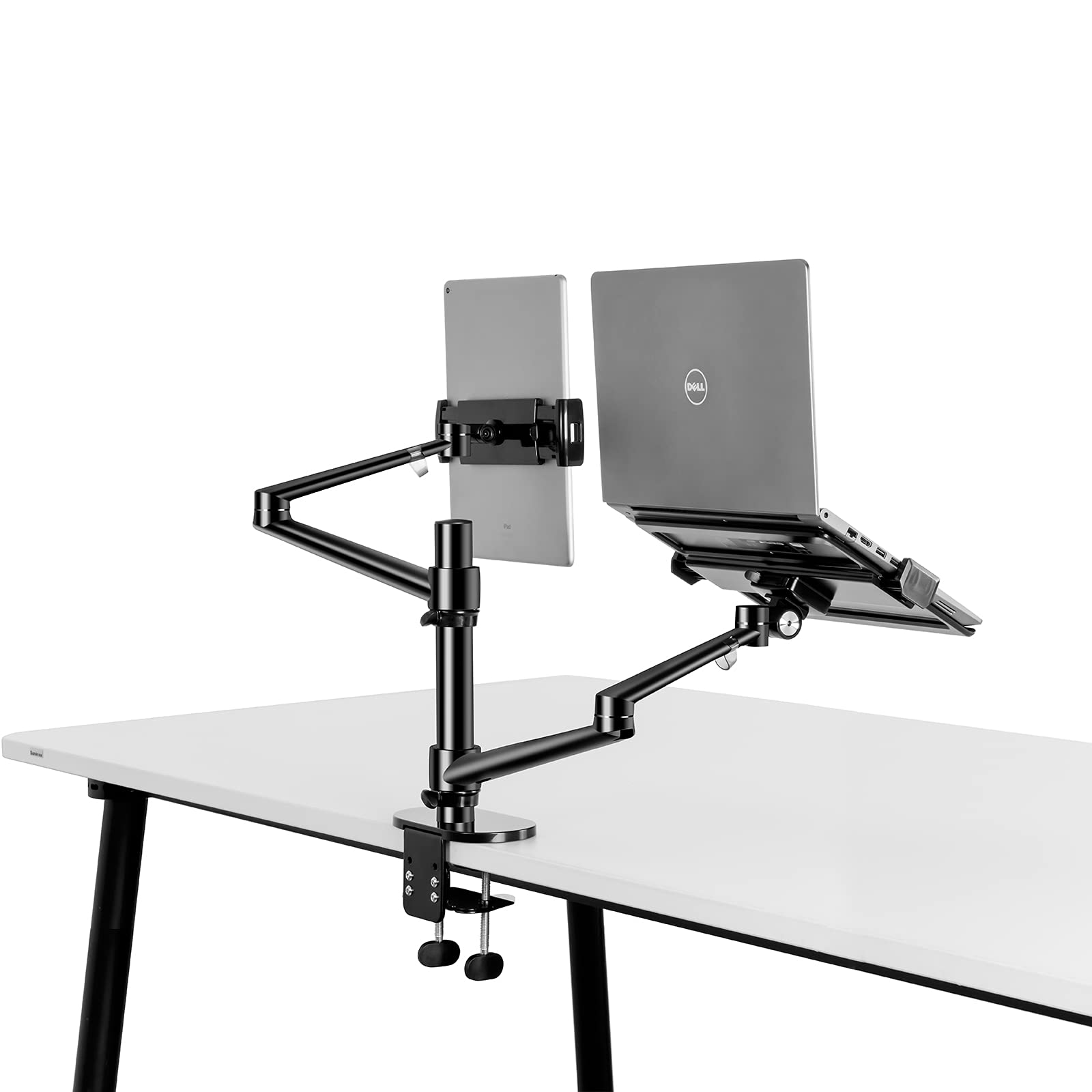 Supporto da tavolo 2 in 1 con doppio braccio per tablet e computer portatile, per tablet fino a 12" – 17" e laptop da 12 – 17", extra VESA Adopter fino a 27" monitor (nero)