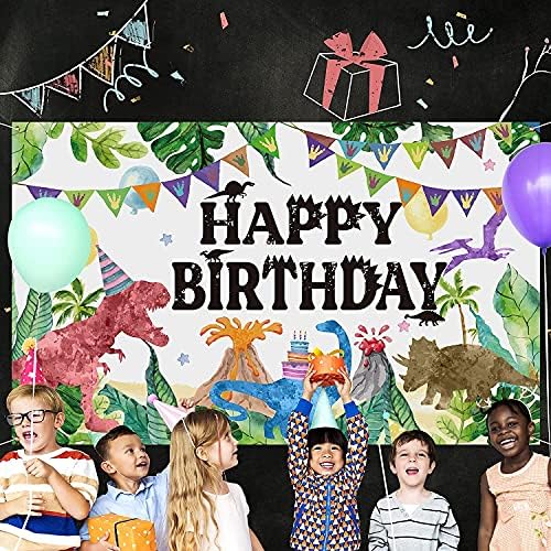 Happy Birthday Backdrop Large Fabric Watercolor Dinosaur Backdrop Photo Booth Banner Photography Party Decoration Supplies for teens Party Supplies,73 x 43 Inches