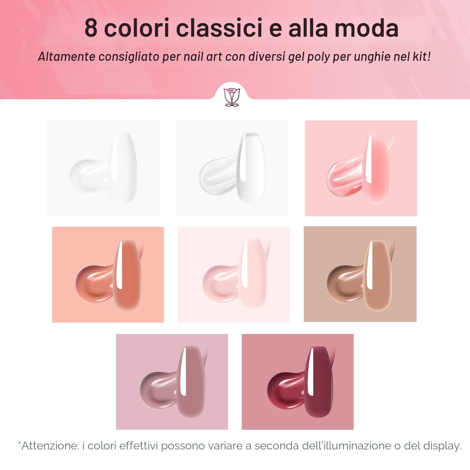 ROSALIND Gel Unghie Ricostruzione Kit Completo, 8 Colore 10ml Poligel Set con Base & Top Coat, Lampada UV e Strumenti per unghie, per Fai Da Te a Casa, Professionale Salone, Kit Unghie Gel Nail Art