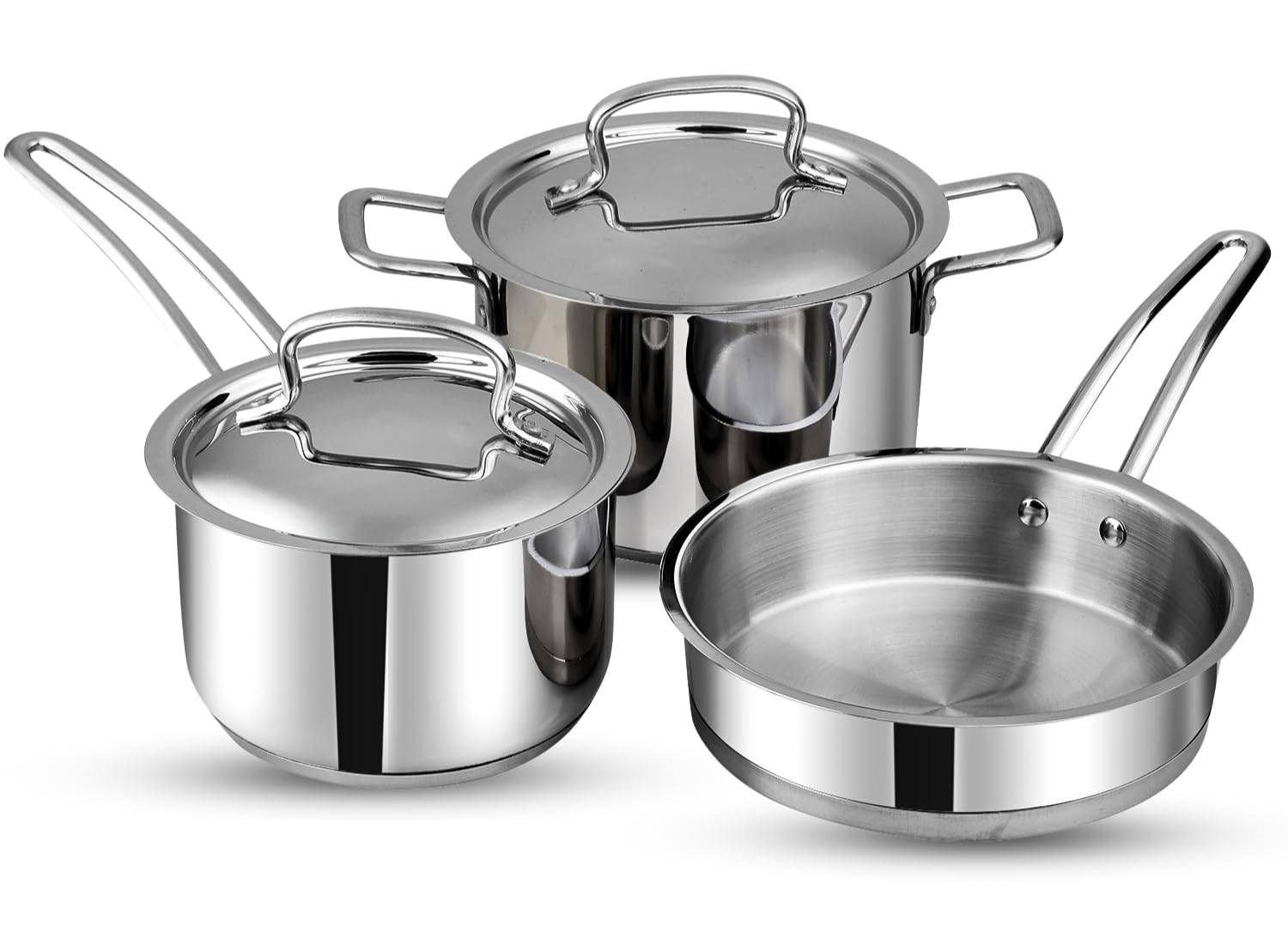 Vinod Stainless Steel Induction Friendly Classic Deluxe Combo Set of 3 Pcs, Saucepan (16 cm/2.1 litres) with Lid, Saucepot (18 cm/2.7 litres) with Lid & Frypan (20 cm) - 2 Years Warranty, Silver