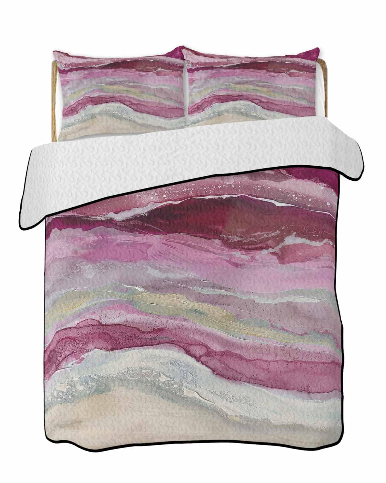 LOT BASIC 3-Piece Summer Quilt Full Size, Pink Coastal Lightweight Cooling Bedding Comforter Blanket with 2 Pillow Shams, Summer Beach Nautical Abstract Art Bedspreads Quilted Coverlet Sets 78