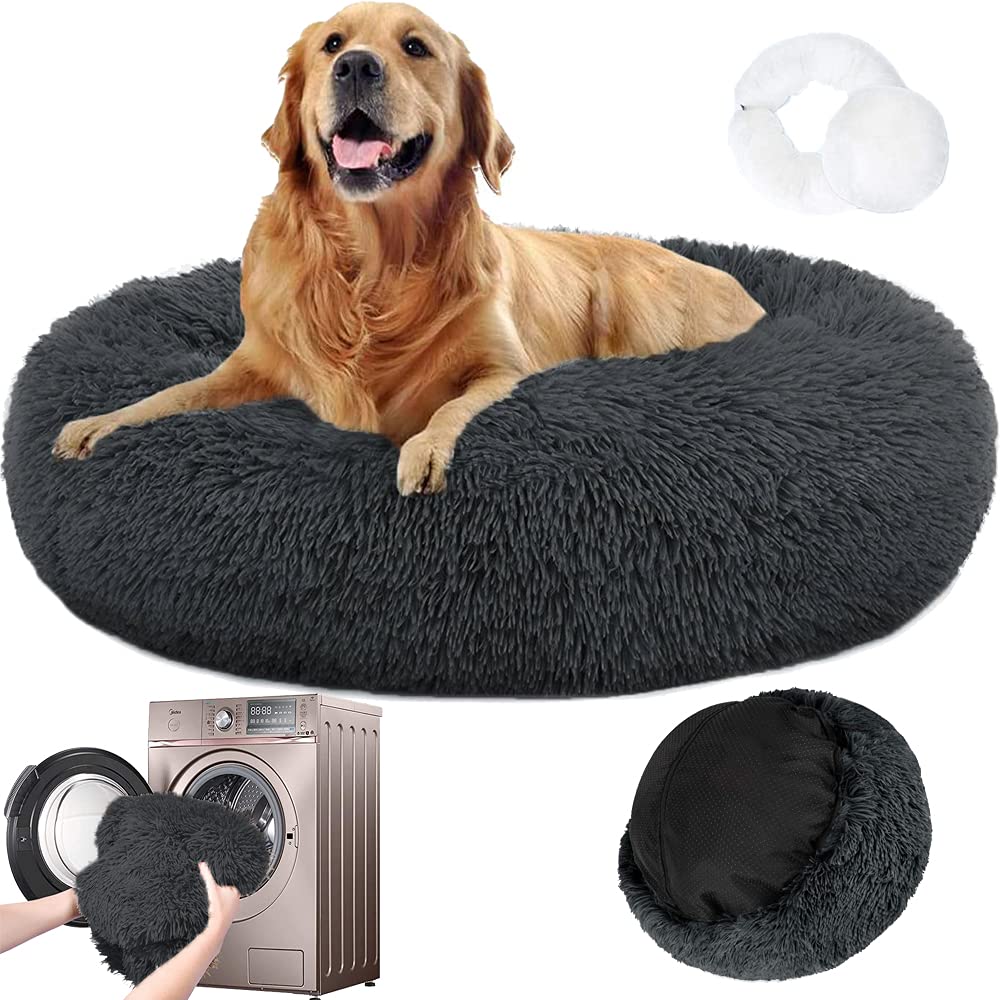 RO Zippered Calming Large Dog Bed with Removable Cover Fluffy Dog Bed Anti-Anxiety Dog Bed Donut Dog Bed Faux Fur Dog Bed Cuddler Dog Bed Calming Pet Bed For Dogs Furry Dog Bed (120cm,Dark Grey)