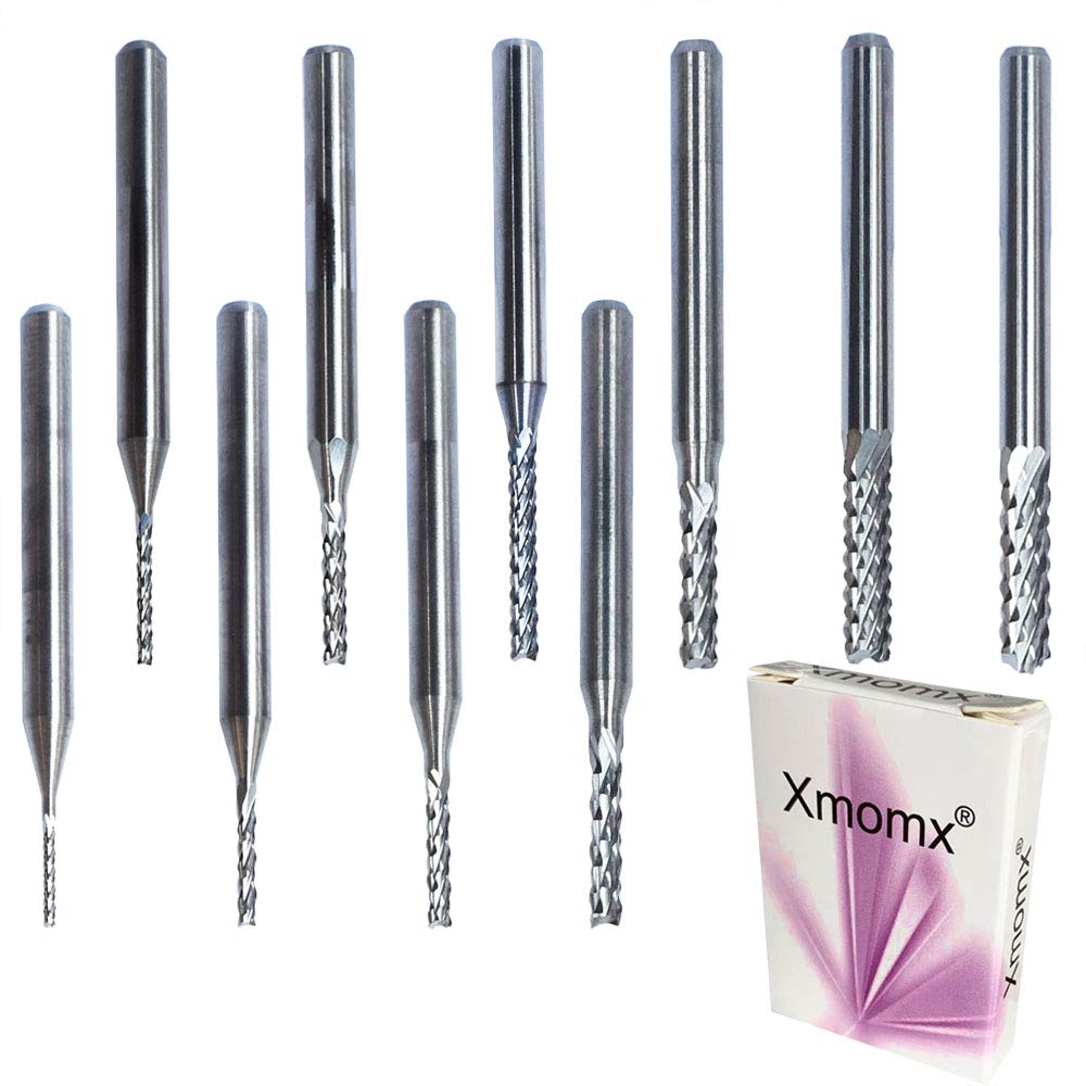 Xmomx 1/8" Shank 10 pcs 0.8-3.175mm End Mill CNC Carbide Router Bits Milling Engraving Cutters Silver for Rotary Tools for Wood PCB Mould Plastic Fiber Carbon
