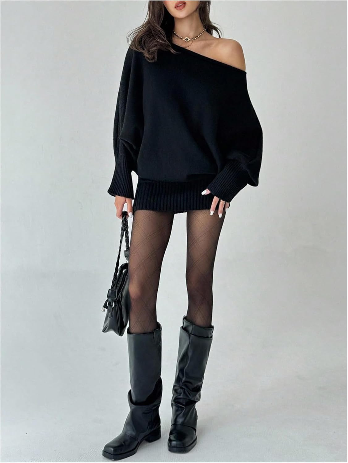 GORGLITTER Women's Off The Shoulder Sweater Mini Dress Long Sleeve Asymmetrical Neck Short Dresses Black X-Small - Image 5