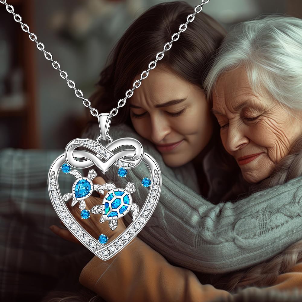 Fenthring Sea Turtle Gifts for Women Turtle Necklace Mom Pendant Sterling Silver Blue Opal Heart Infinity Mother Daughter - Image 6