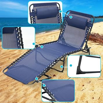 Blue Lounge Chairs for Outside, Folding Beach Lounger with Carrying Handle and Side Pocket, 5-Position Adjustable Sun Tanning Chair Removable Pillow for Pool, Beach, Patio, Lawn